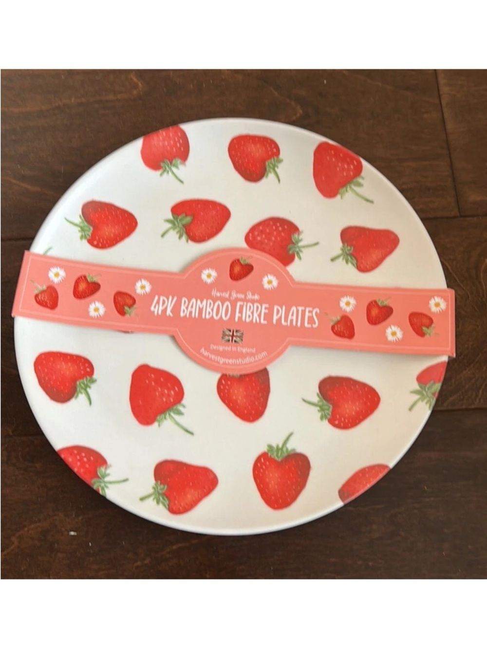Harvest Green Studio Bamboo Strawberry Print Dinner Plates Set of 4 NEW